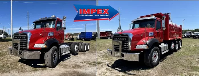Mack cab and chassis before upfitting and completed red dump truck after upfitting at IMPEX