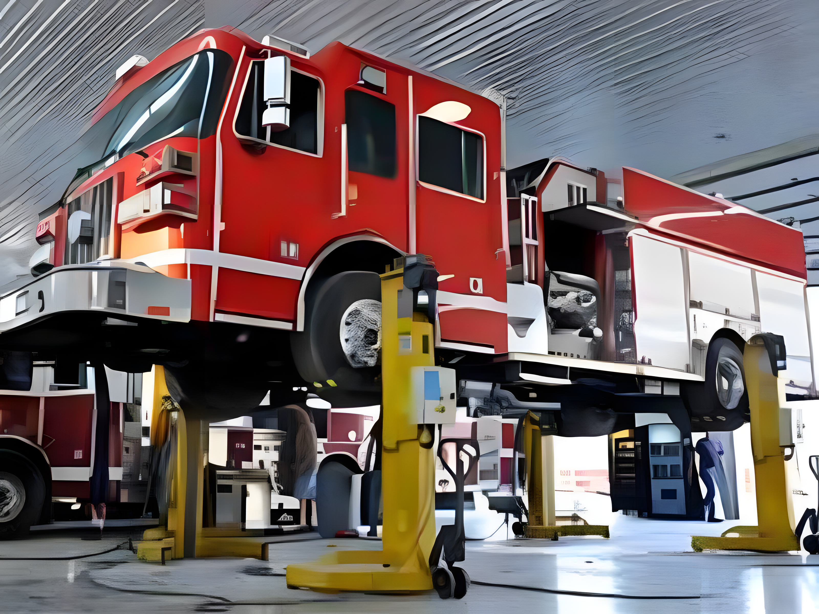 Wide view of service facility with multiple trucks