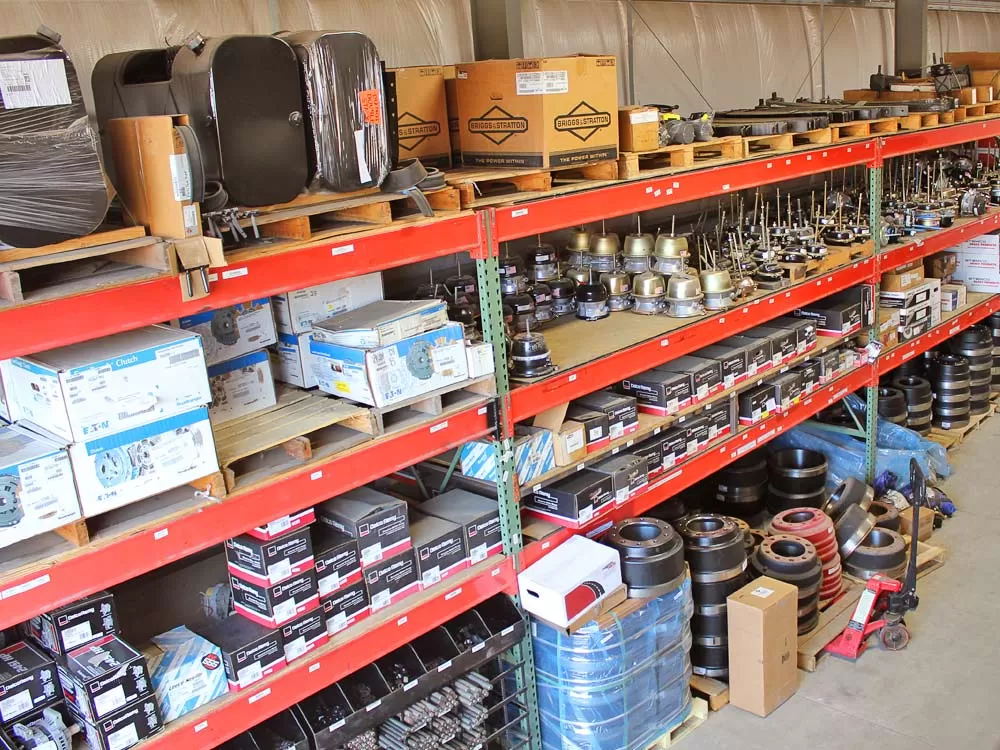 Parts warehouse shelves stocked with truck parts